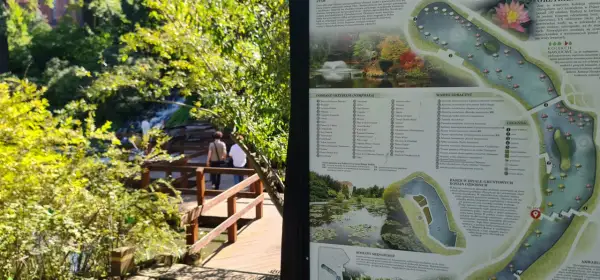 Blick auf den botanischen Garten Breslau mit einer Karte der Wasserpflanzen und einem Weg durch üppiges Grün.